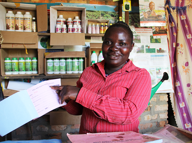 Justine Nayiga is a village agent who has opened an input supply shop in Mubende, Uganda. 