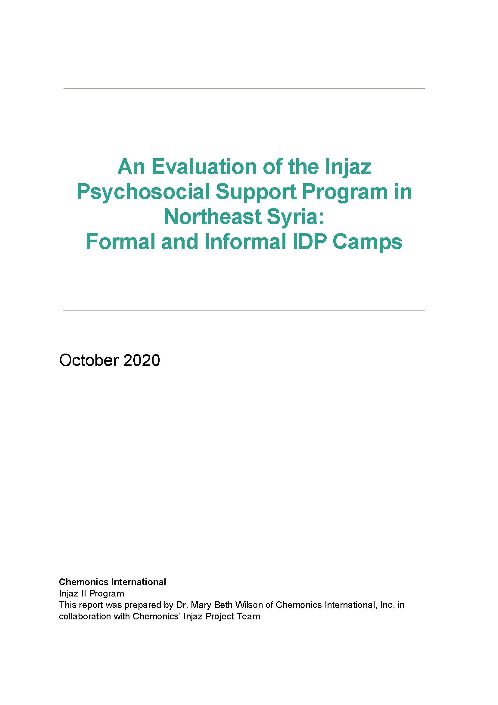 Front cover of the Injaz Psychosocial Support Program report