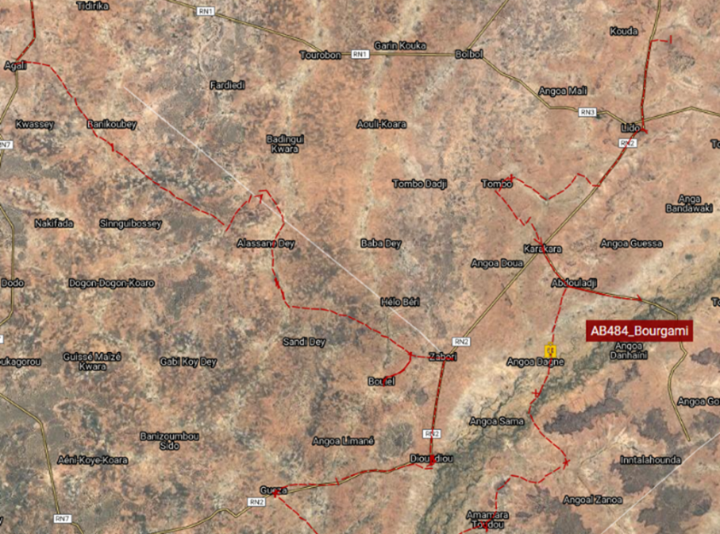A map of the delivery route taken by a 3PL vehicle from May 16 to May 17 2021 heading to the health facility in the village of Bourgami, Dosso Region, Niger.