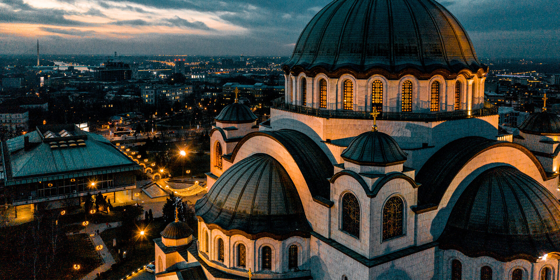 The temple of St. Sava taken by a drone at dawn in Belgrade, Serbia