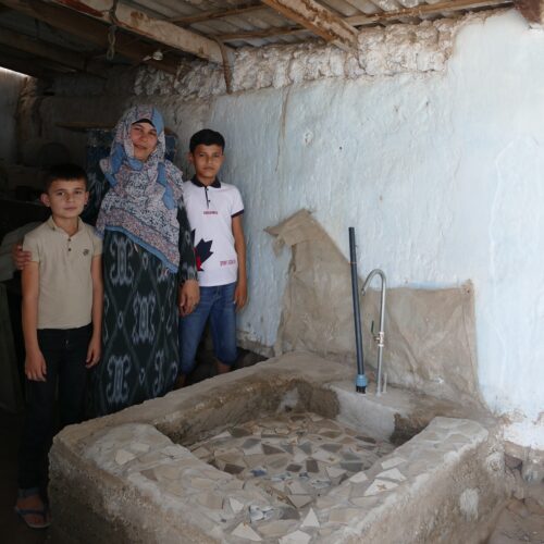 Woman and two boys stand next to water basin she constructed in her home.