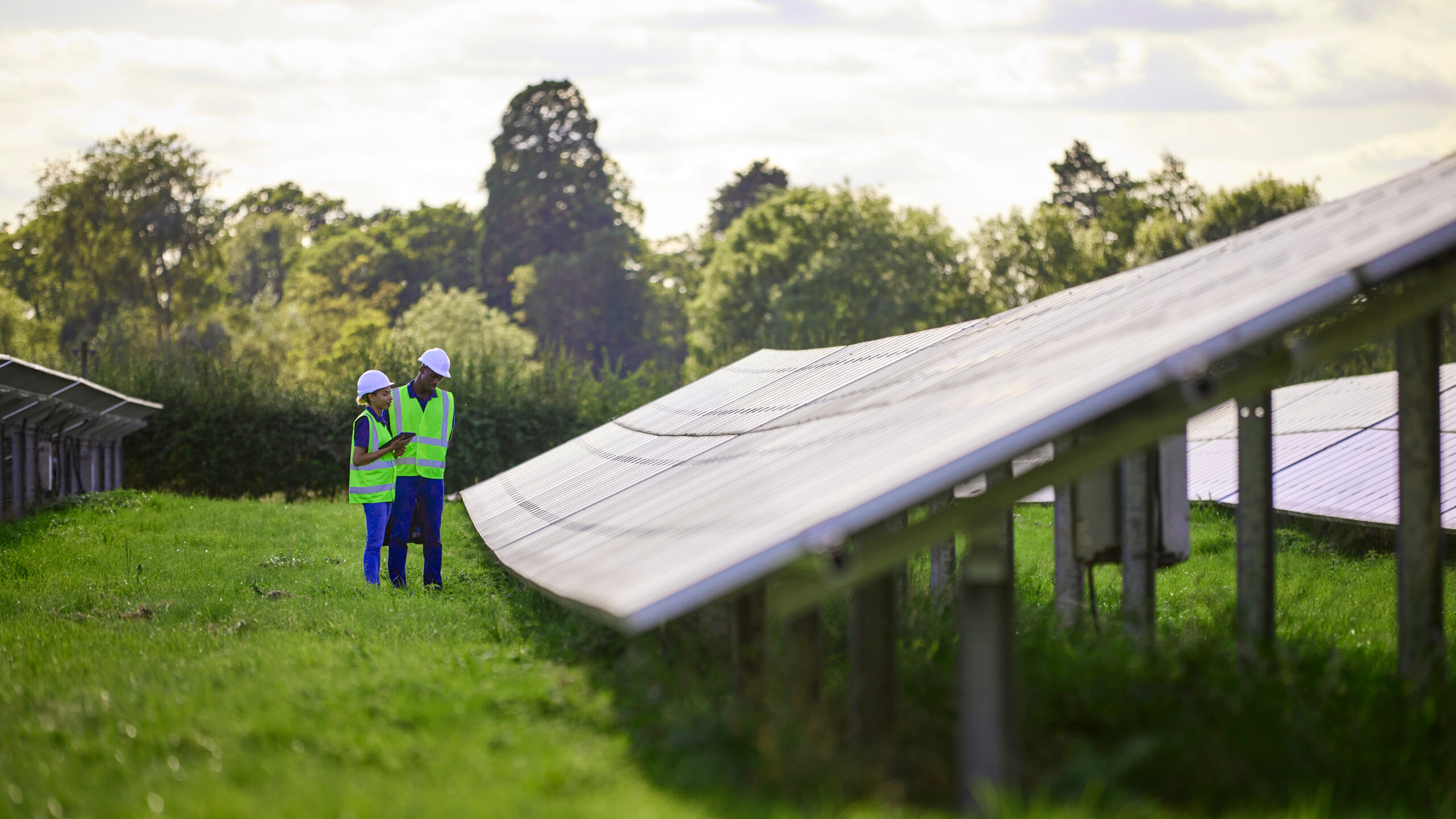 Male And Female Engineers Inspecting Solar Panels In Field Generating Renewable Energy