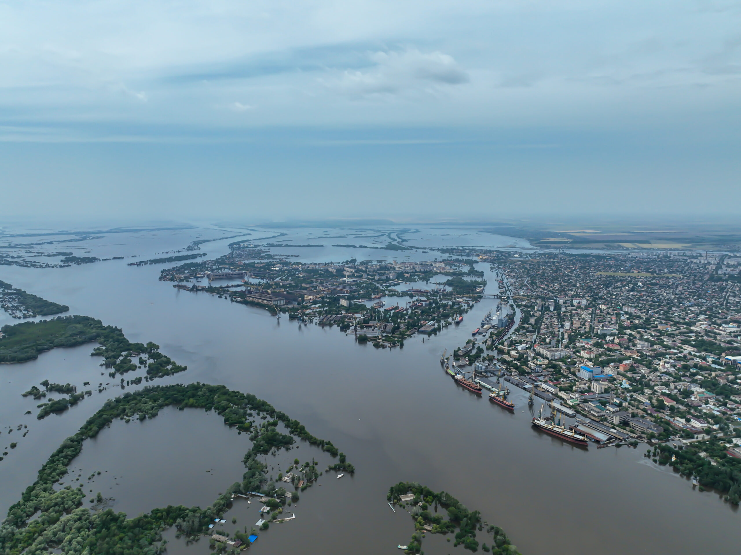 Flooded villages and houses, top aerial view, in Ukraine.