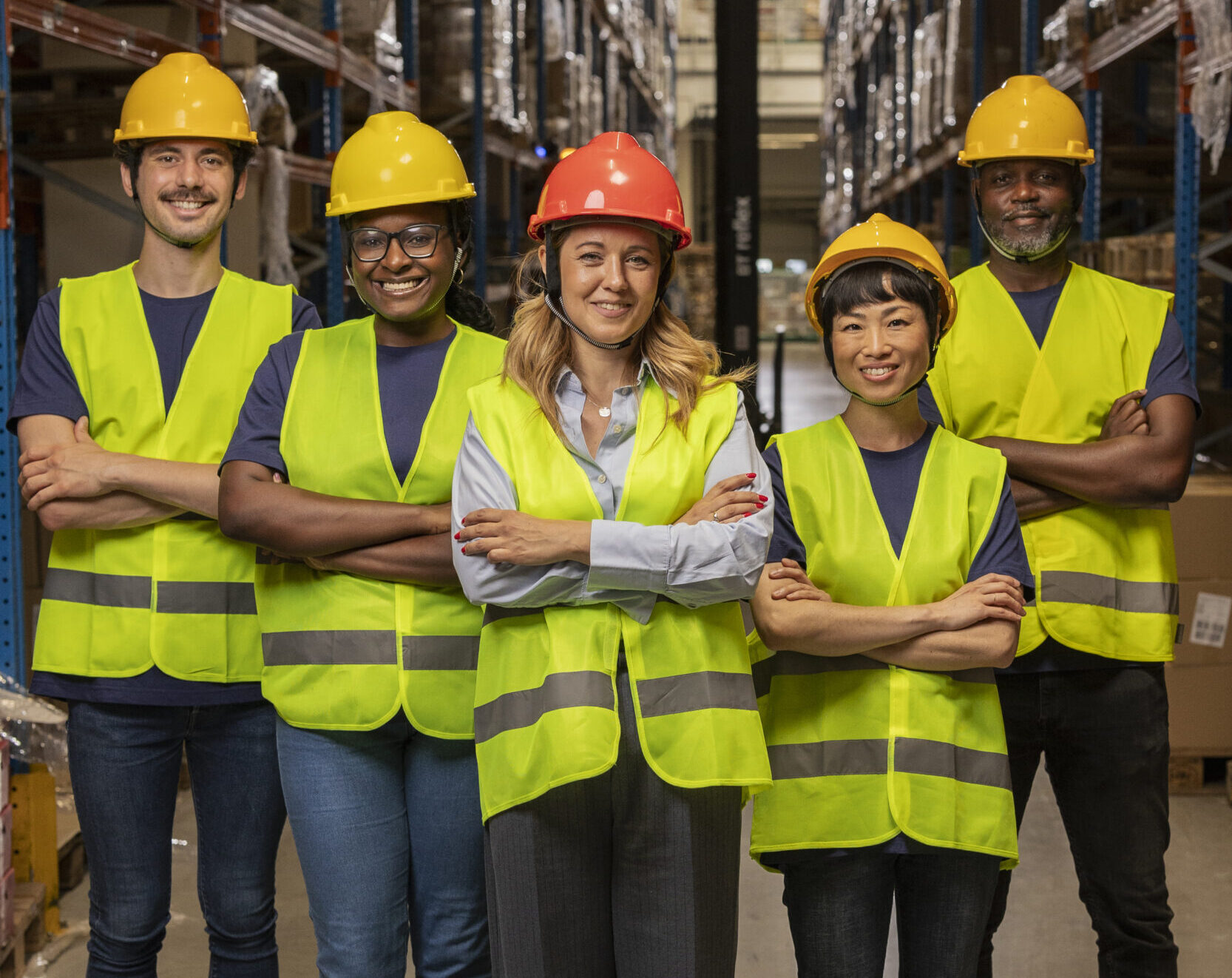 5 people in safety vests and hard hats stand in the middle of a warehouse