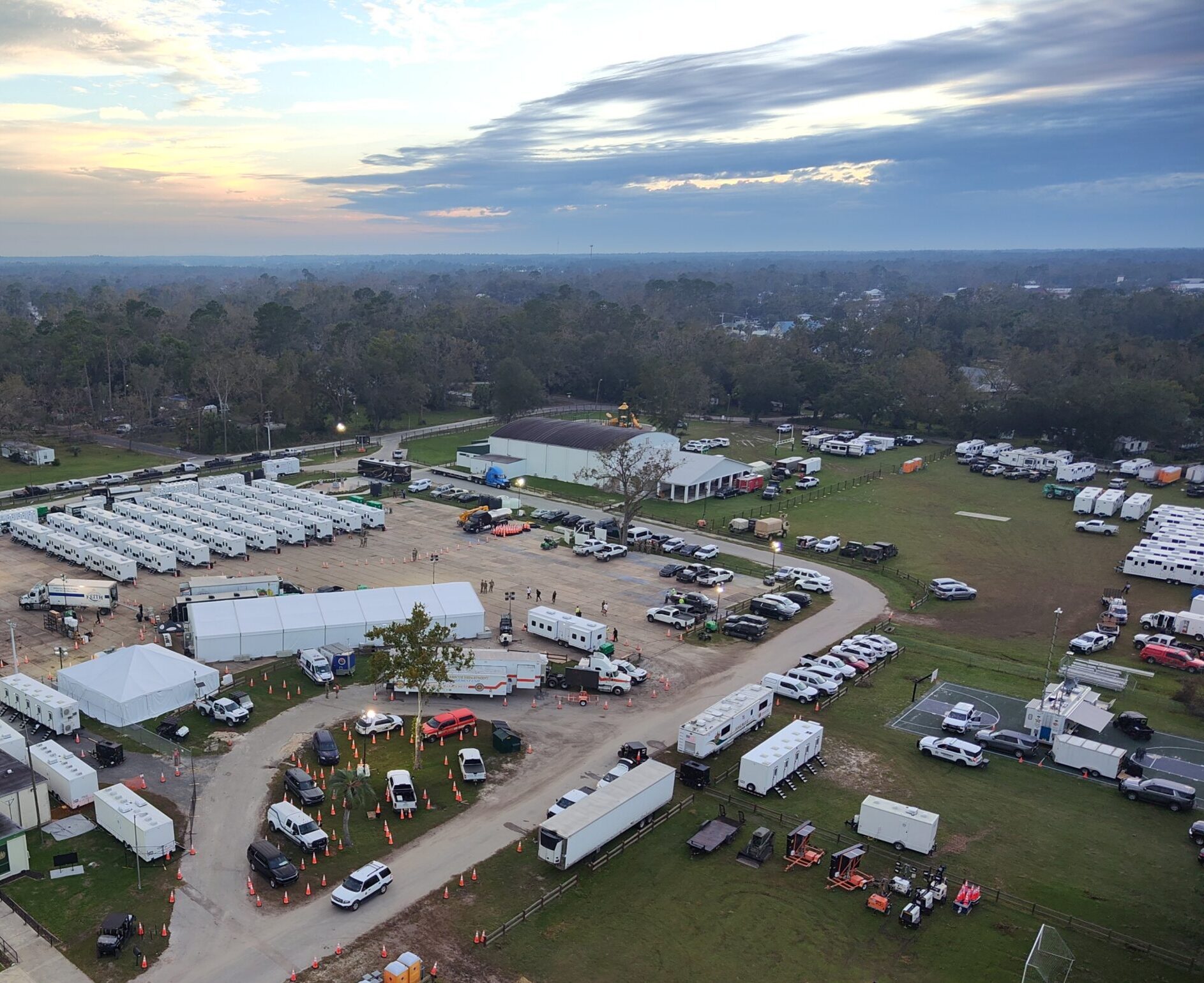Aerial view of parking lot at emergency response staging area